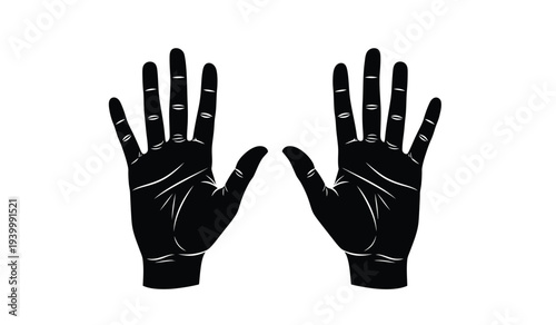 A pair of black gloves with fingers spread apart on a white background