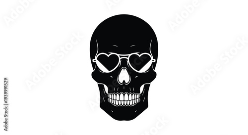 Edgy and cool black skull silhouette wearing heart shaped sunglasses for a unique and stylish graphic design.