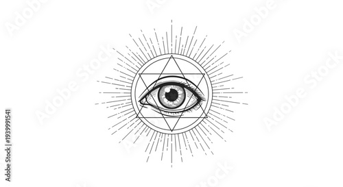 Mystical eye of providence illustration with a hexagram star and radiating sunburst rays in a classic occult style.