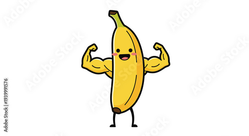 Strong and funny cartoon banana character flexing its muscular arms with a happy smile on white background for health.