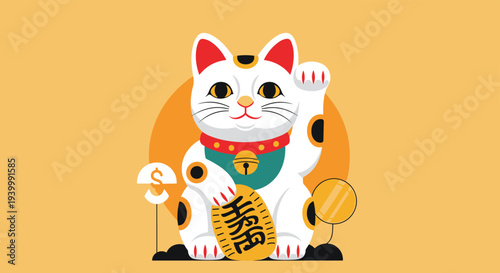 Traditional japanese lucky cat maneki neko illustration holding a gold coin on a vibrant orange circle background.