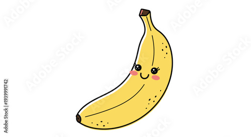 Kawaii banana fruit character with big eyes and rosy cheeks is a fun and playful illustration for healthy eating and kids themes.