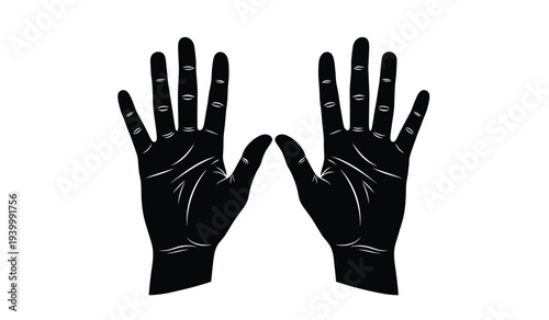Black silhouette of two human hands with palms facing forward and fingers spread apart on a white background