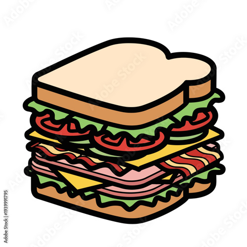 Sandwich Stacked with Vegetables and Meats on a Plate for a Delicious Meal