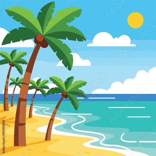 Cartoon beach scene featuring palm trees, a bright sun, sea, and clouds