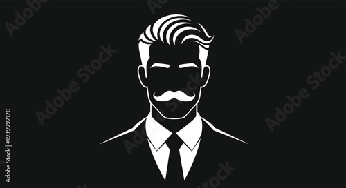 White silhouette of a stylish gentleman with a mustache and neatly styled hair on a black background represents classic male grooming.