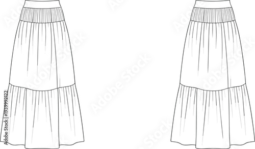 Two Black And White Line Drawings Of Tiered Maxi Skirts With Smocked Waistbands On A White Background