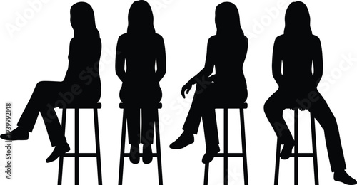 woman sitting on stool silhouettes female seated poses front side view casual posture isolated vector illustration collection