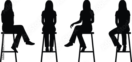 woman sitting on stool silhouettes female seated poses front side view casual posture isolated vector illustration set