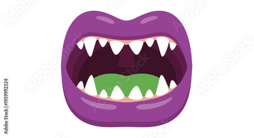 Scary monster mouth with sharp white teeth and a green tongue inside purple lips is a classic and spooky graphic for halloween themes.