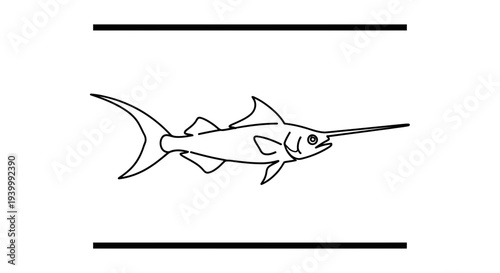 Elegant black outline illustration of a swift swordfish, minimalist graphic design representing