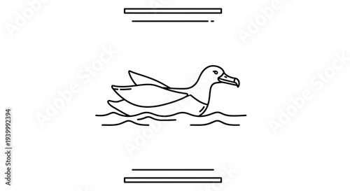 Simple line art drawing of a cheerful duck swimming gracefully on calm water, perfect for