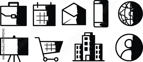 Set of 9 business icons vector, black and white
