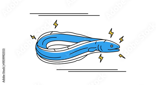 Vibrant blue electric eel generating power in a simplified, striking illustration