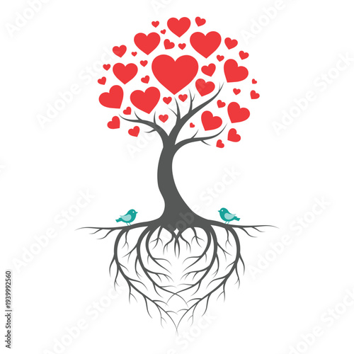 Fotografija Unique Heart Shaped Root Tree with Blue Birds Sitting on Roots and Dense Heart C