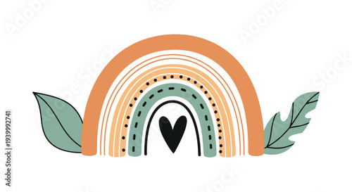 Earthy toned rainbow with leaves and a heart at the center in a boho style represents nature, love, and a peaceful organic lifestyle.