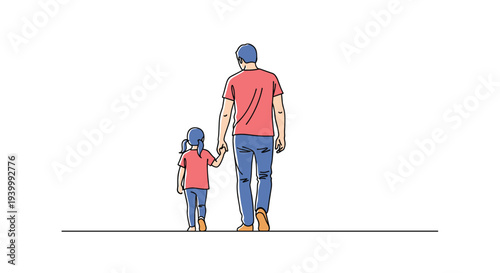 Father and young daughter walking away from the viewer holding hands represents a strong family bond, love, and protective relationship.