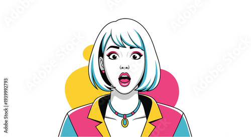 Portrait of a surprised woman with white hair and colorful jacket in a pop art style expresses shock or amazement with an open mouth.