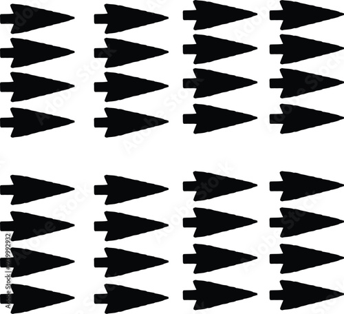 A collection of twenty black triangular arrowheads arranged in four rows on a white background