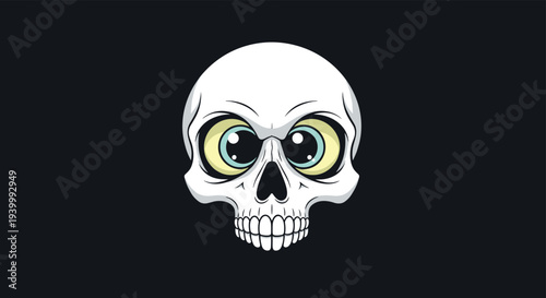 White skull with large blue and yellow eyes on a black background creates a spooky yet quirky and expressive character for Halloween.