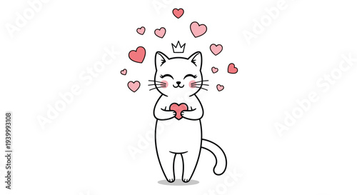 Adorable white kitten character wearing tiny crown and surrounded by pink hearts while holding a red heart in its paws for love concept.