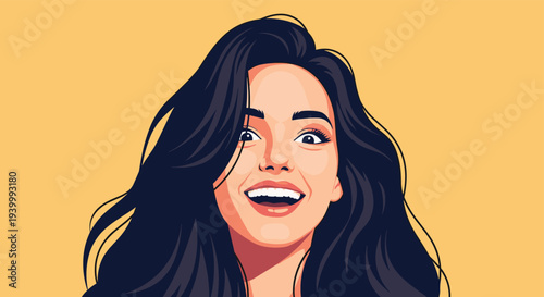 Portrait of beautiful happy woman with long flowing dark hair laughing joyfully while posed against solid bright yellow background in vector art.