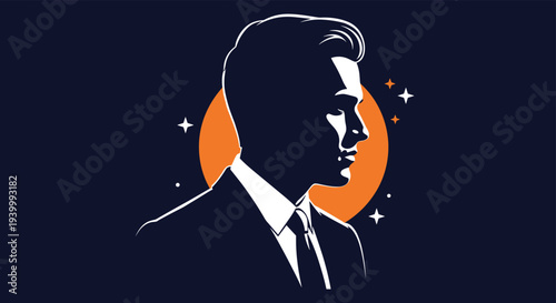 Stylized silhouette profile of man wearing formal suit and tie set against large orange sun and twinkling white stars on dark blue background.
