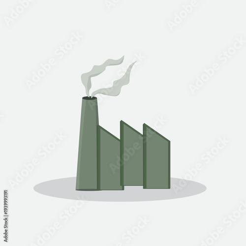 Minimal vector illustration of an industrial factory with a smoking chimney, representing manufacturing industry, air pollution, carbon emissions, environmental impact, and global climate change issue