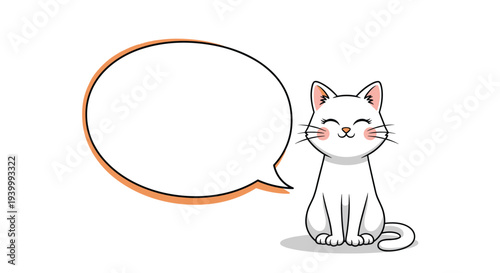 Cute white cat character sitting patiently next to large blank circular speech bubble with orange outline for customizable text or messages.