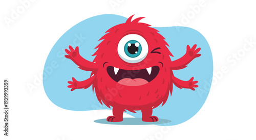 Friendly red furry monster with single large eye and multiple arms winking playfully while standing against soft blue abstract background shape.