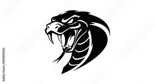 Aggressive Cobra Snake Head Illustration, Black and White Tribal Style