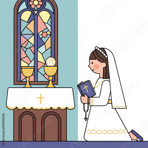 Cartoon illustration of a young girl in a white dress kneeling