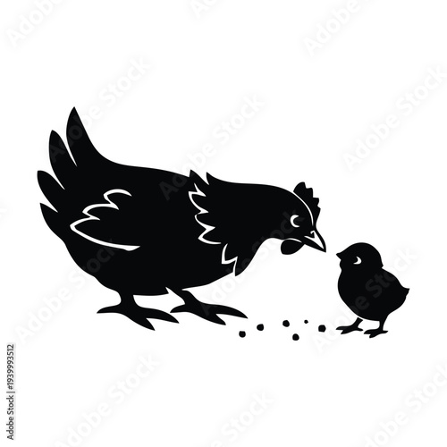 Black silhouette of mother hen and two small chicks walking