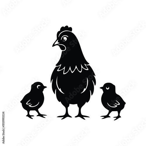 Black silhouette of mother hen and two small chicks walking