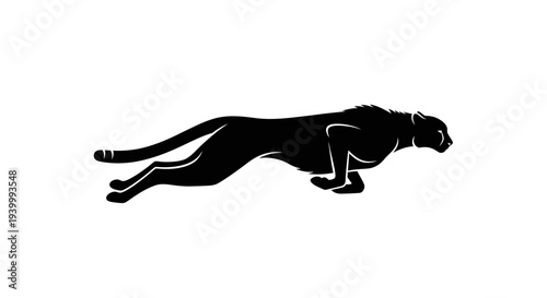 Black Silhouette of a Cheetah Running at Full Speed, Dynamic Motion, Isolated on White Background