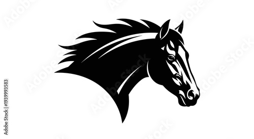 Black Silhouette of a Horse Head with Flowing Mane on White Background