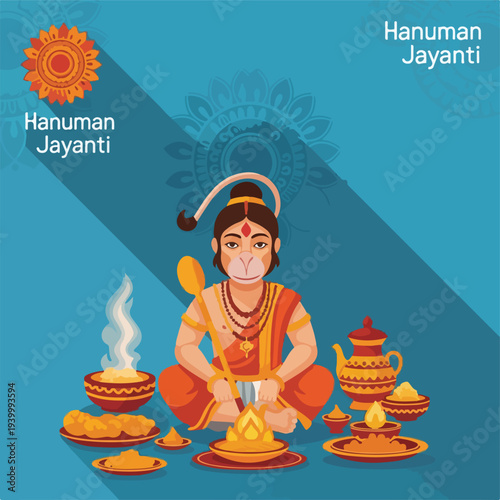 Cartoon illustration of Hanuman seated with offerings for a religious festival