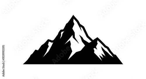 Black silhouette of a majestic mountain peak against a white background, symbolizing adventure and nature.