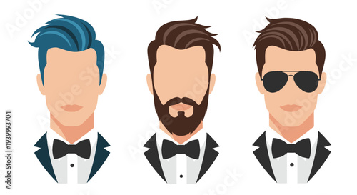 Trio of stylish faceless men portraits wearing formal black tuxedos with bow ties featuring different hairstyles beards and sunglasses styles.