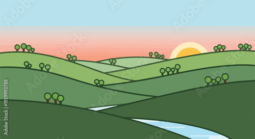 Cartoon landscape showing rolling hills, river, trees, and setting sun