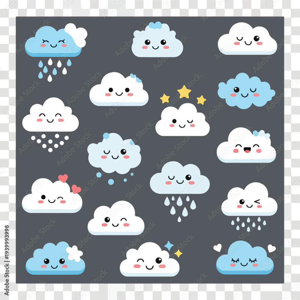 Obraz premium Cartoon style illustrations featuring various weather themed clouds