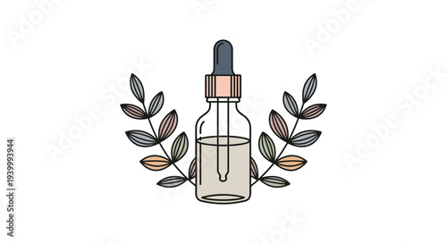 Glass cosmetic dropper bottle filled with clear liquid and surrounded by two leafy branches for natural and organic beauty product concept.