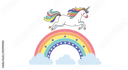 Cute magical unicorn with a rainbow mane jumping over a colorful rainbow arch with clouds and hearts on a white background.