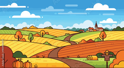 Cartoon-style illustration depicts a rolling countryside during the autumn season