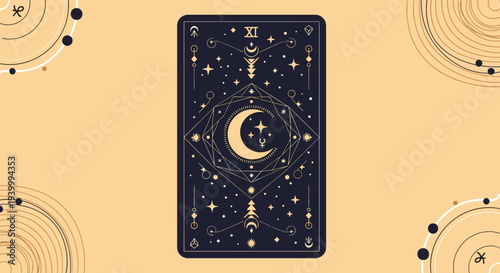 Ornate tarot card illustration featuring a crescent moon and stars with intricate geometric patterns in gold on a dark blue background.