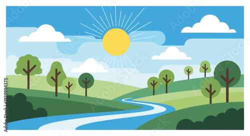 Cartoon-style landscape of a sunny day with trees and river