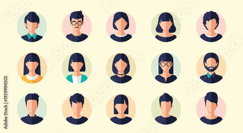 Diverse set of colorful flat avatar icons featuring various men and women with different hairstyles and professional appearances.
