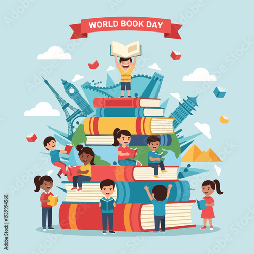 Children reading books on a stack of books, with landmarks & banner