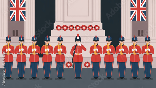 British soldiers in red uniforms standing at attention with union jack flags and wreaths on a white monument