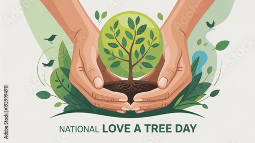 Hands holding a small tree with green leaves on national love a tree day